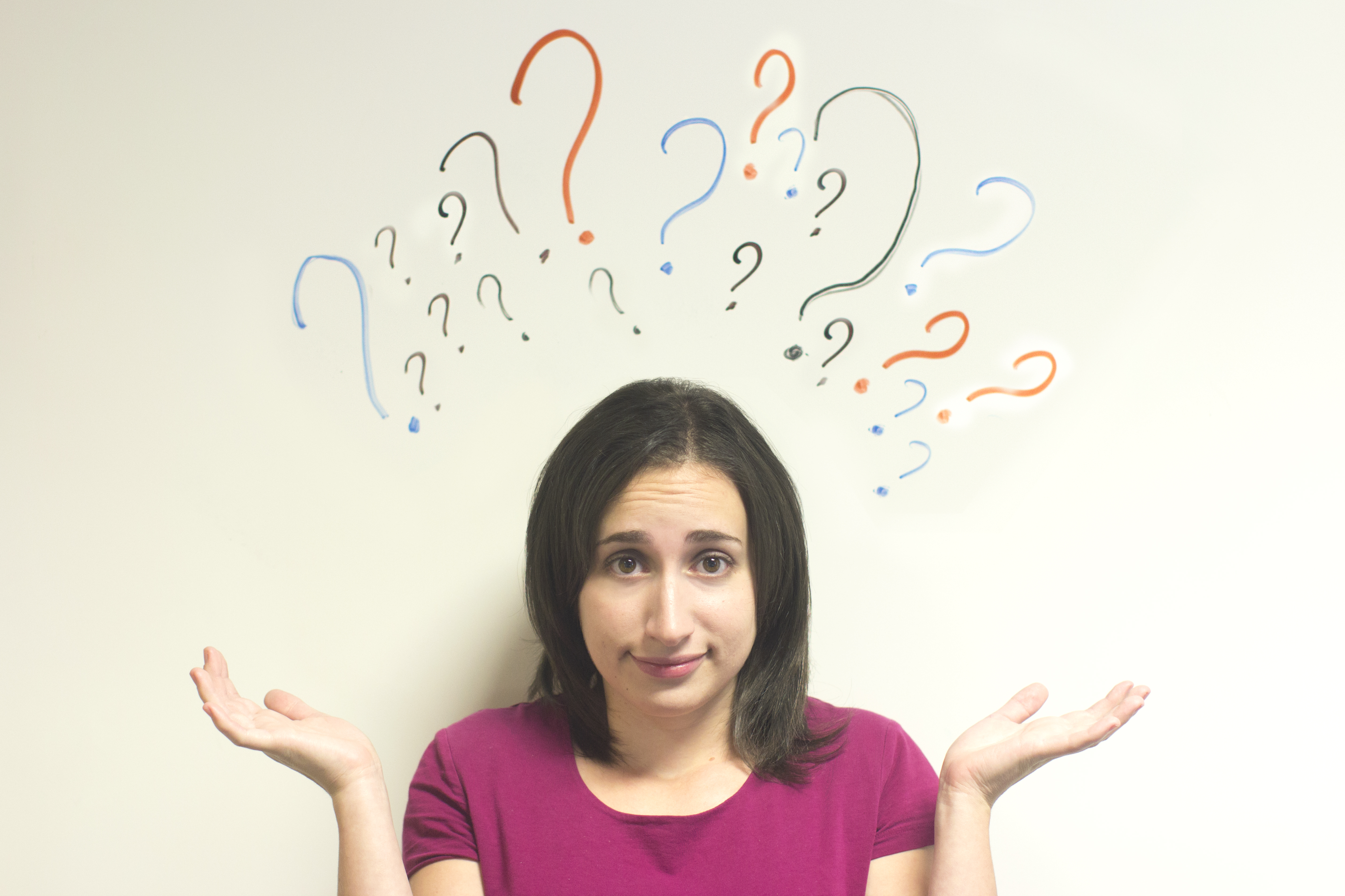 Confused woman with questions